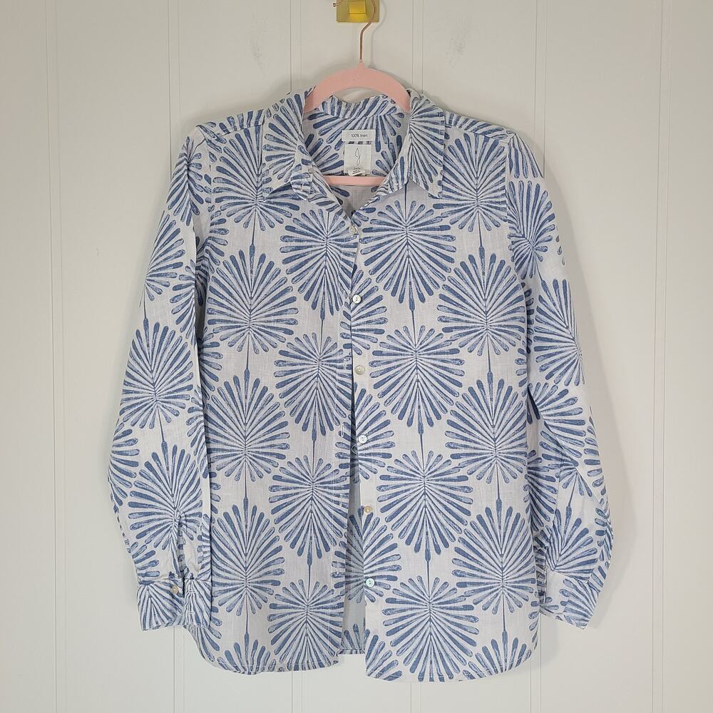 Joie Linen Shirt Women's Sz Medium Button Down Blue White Long Sleeve